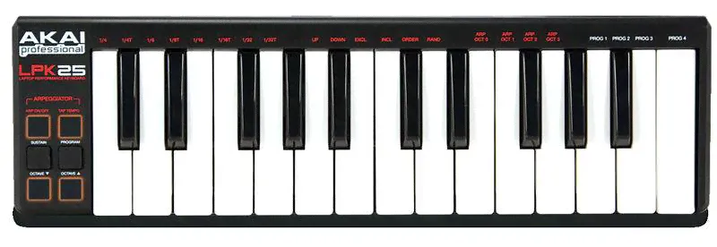 AKAI PRO LPK25 Портативная MIDI-клавиатура с USB-разъёмом (вес около 300 г., оснащена арпеджиатором, 25-ью чувствительными коавишами и функцией сустейн-0