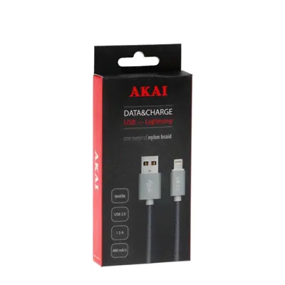 Кабель Akai, Lightning - USB, текстильная оплетка, плоский, 1,5 А, 1 м, серый-3